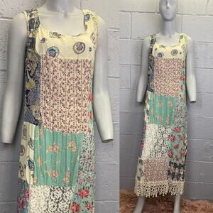 Vtg 90s Semi Sheer Patchwork Sleeveless Maxi Sundress Lace Trim Med The Limited